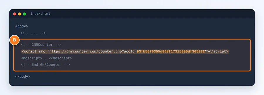 Bir web sitesinin HTML kodunda vurgulanmış sayaç kodu