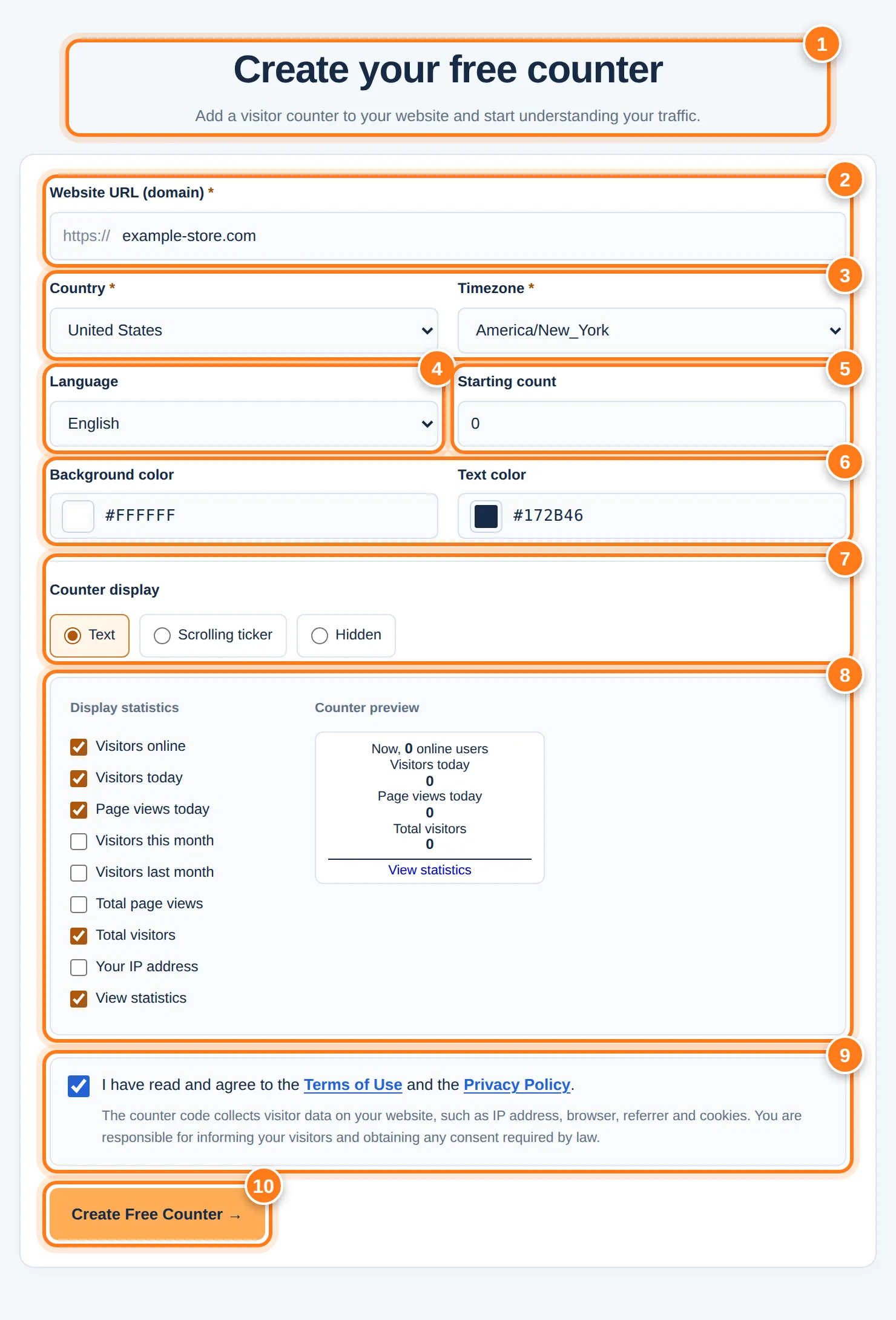 On numaralı alanıyla Ücretsiz sayacınızı oluşturun formu: başlık, web sitesi adresi, ülke ve saat dilimi, dil, başlangıç sayısı, renkler, sayaç görünümü, istatistikler ve önizleme, koşullar ve Oluştur düğmesi