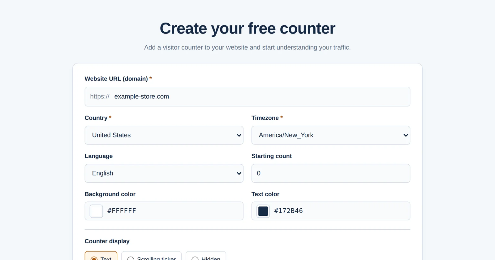Web sitesi, ülke, saat dilimi, dil ve görünüm ayarlarıyla ücretsiz sayaç oluşturmaya yarayan GNRCounter formu