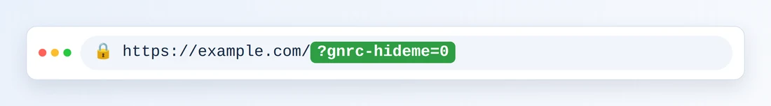 https://example.com/ ve ardından vurgulanmış ?gnrc-hideme=0 gösteren tarayıcı adres çubuğu