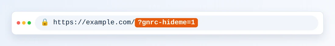 https://example.com/ ve ardından vurgulanmış ?gnrc-hideme=1 gösteren tarayıcı adres çubuğu
